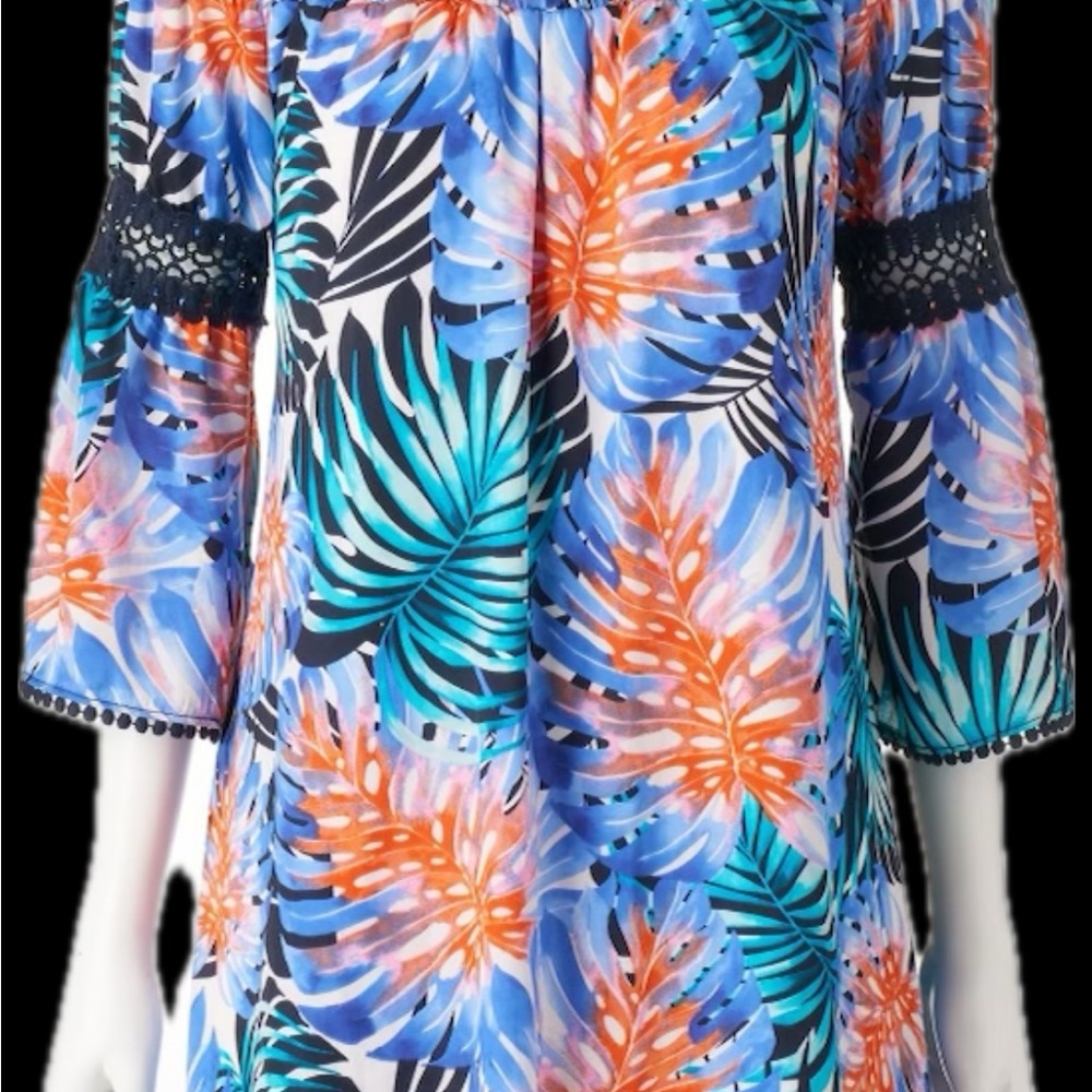 Jennifer Lopez Blue and Orange Tropical Midi Dress